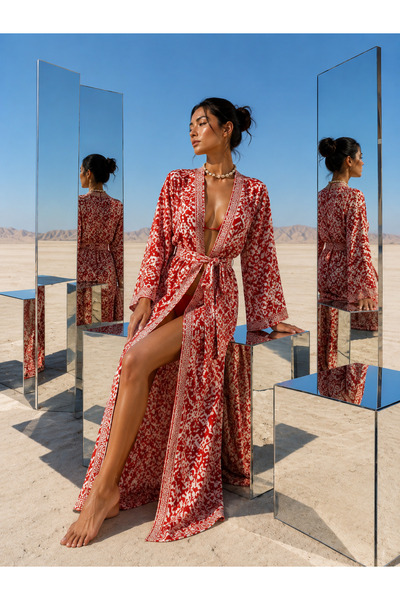 laviyonsa Uzun Otantik etnik desenli İpek kimono & sabahlık