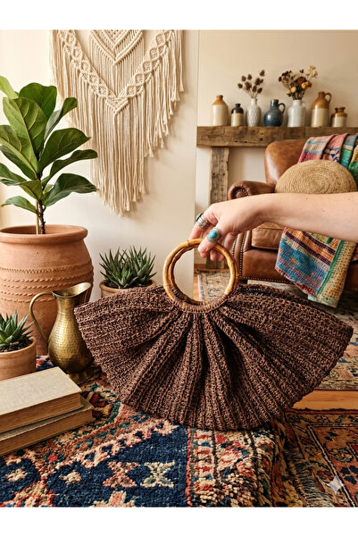 La Creafile Bambu Saplı El Örgüsü Rafya El Çantası - Kahverengi Boho Stil