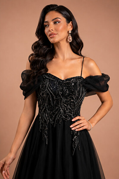 Lovely Dress Işıltılı Taş Detaylı Tül Abiye Elbise