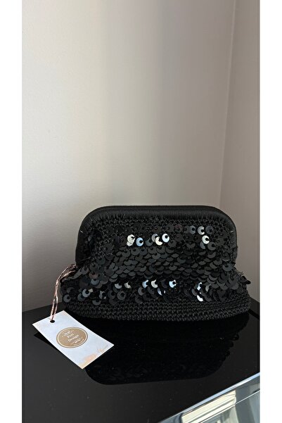 PeriStore Siyah Pullu Şık El Örmesi Gece Çantası 17x22 Cm