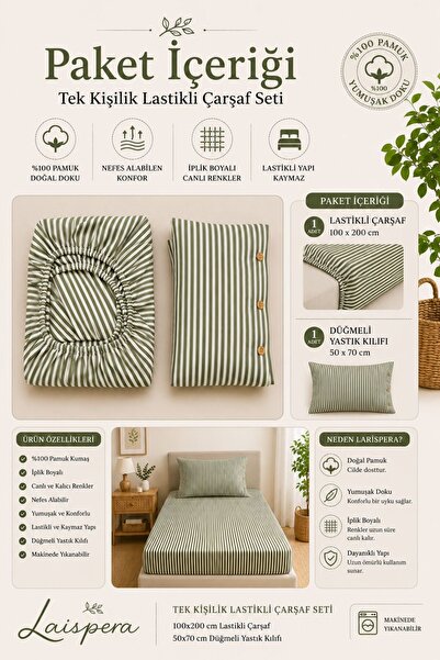 Larispera Single Elastic Bed Sheet Set Cotton Yarn Dyed 100X200Cm Buttoned Pillowcase (50X70Cm1Piece) Green