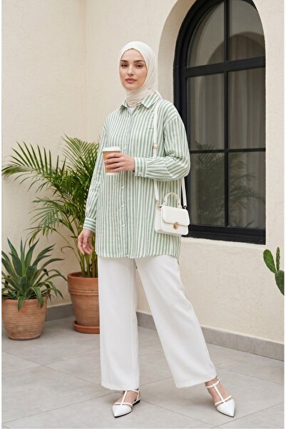 Modamorfo Striped Linen Look Shirt with Buttons - Green