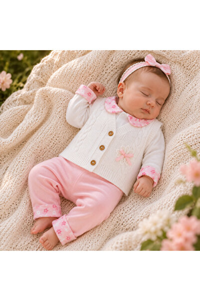 Bebelul Set body maneca lunga, vesta si pantaloni fetite 100% bumbac roz