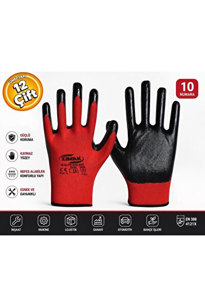 zimak EL-100 Kırmızı Siyah Latex Eldiven 10 Numara (12 Çift)