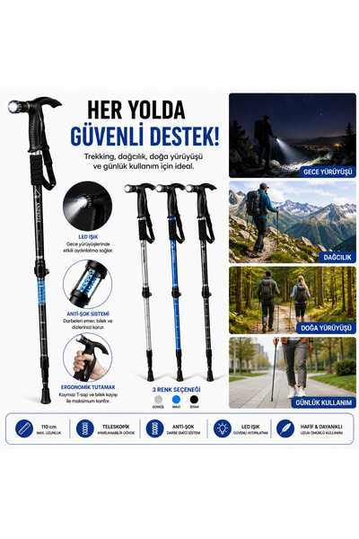 yusa stores LED Işıklı Anti Şok Teleskopik Yürüyüş Batonu 110 Cm Amortisörlü ...