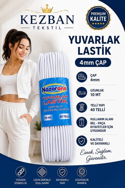 Kezban Tekstil Beyaz Yuvarlak Bel Paça Lastiği 10 Metre