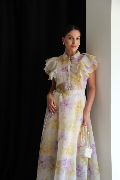 Julidress Ruffled Sleeves, Button Detail, Belted Maxi Long Premium Dress