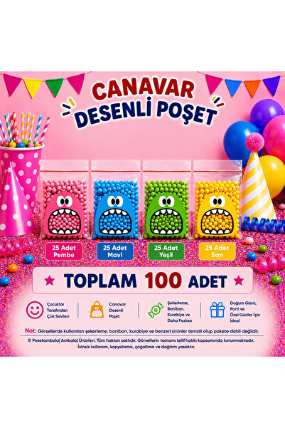 CarpCorn 100 Adet 4 Renkli Canavar Desenli Cake Pop & Kurabiye Poşeti - 10x15 cm