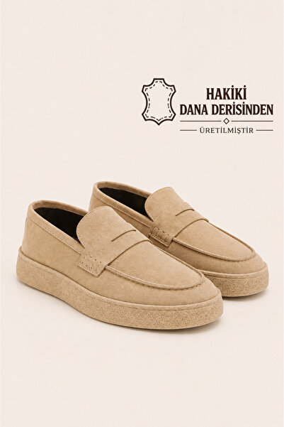 VARNAS Erkek Bej Nubuk Loafer Hakiki Dana Derisi İç Dış Deri Kauçuk Taban Gün...
