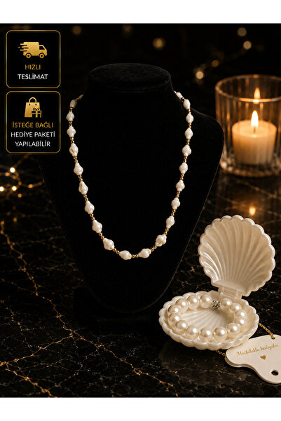 PURE BERRY Sea Shell Necklace and Pearl Bracelet Oyster in a Box Summer Necklace
