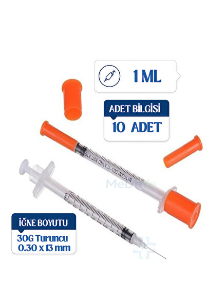 medeye 30G 0.30 x 13 mm Turuncu Kapaklı 1 ml Süper İnce Uçlu Steril Set- 10 a...