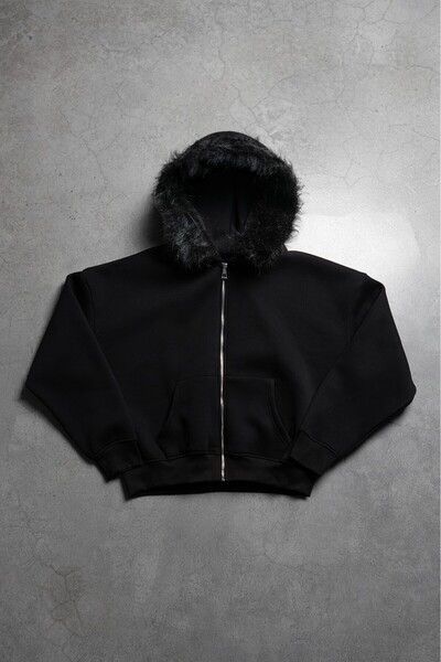 Crupt Studio Black Ritual Fur Erkek Ceket Zip Hoodie