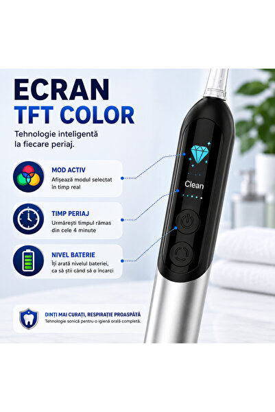 OEM Periuță de dinți sonică reîncărcabilă USB-C, 4+1 moduri, ecran TFT, IPX7, Negru