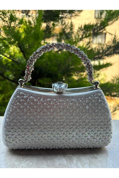 Scarpe Magiche Pearl and Stone Patterned Zircon Stone Evening Dress Bag, Handbag, Silver with Pearl Stones