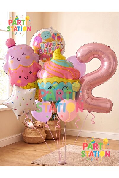 Parti Station Cupcake Dondurma 2 Yaş Balon Set Şeker Dondurma Candy Balon İce...
