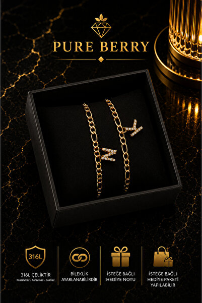 PURE BERRY BAŞ HARFLİ ÇİFT BİLEKLİĞİ 2 ADET ÇELİK GOLD RENK BİLEKLİK A-DAN Z-...