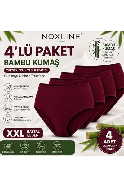 NOXLİNE 4'lü Paket Kadın Bambu Külot Battal Beden Yüksek Bel Tam Kapatıcı Nef...