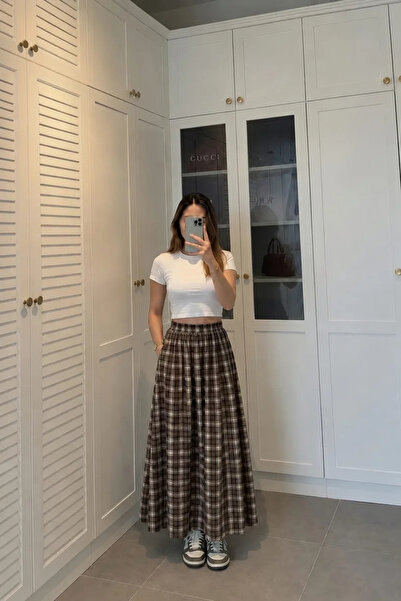 LUXINA GİYİM Kadın Ekose Poplin Kumaş Uzun Etek Beli Lastikli Günlük Maxi Ete...