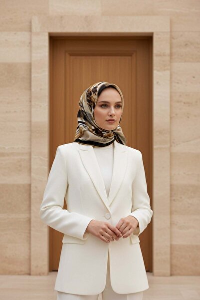 Vissona %100 Twill İpek Ekose Desenli Gold - Siyah Renkli 90x90 Eşarp Dikim Ş...