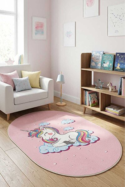 Frenda Home Unıcorn Pamuk Taban Dekoratif Baskılı Çocuk Odası Oval Halı Pembe