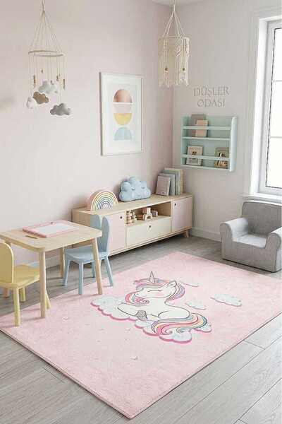 Home Unicorn Cotton Sole Decorative Printed Nursery Rug Pink