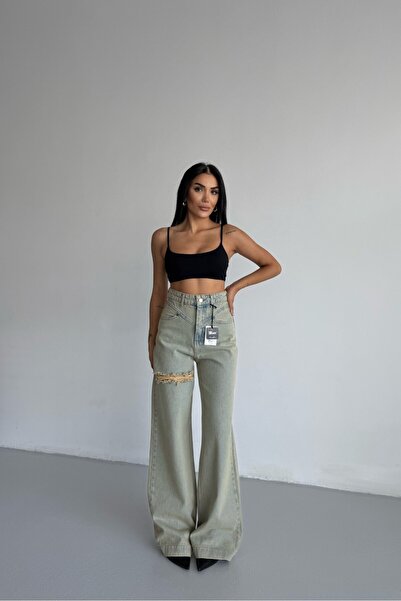 MEECY Pantaloni din denim cu talie înaltă, asimetrici, cu curea și croială largă