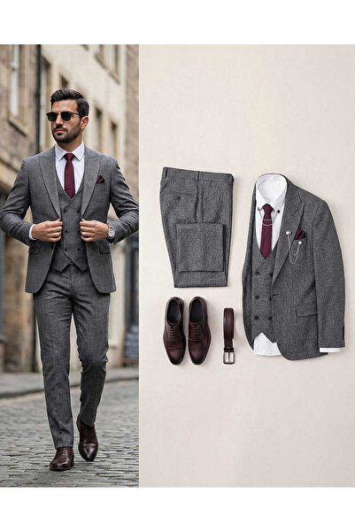 Beystil Sivri Yaka Gri Kırçıllı Takım Elbise Storm- Slim Fit