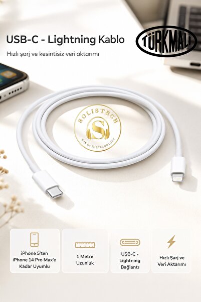 Solistech İPHONE UYUMLU Lightning Kablo 5-6-7-8-X-11-12-13-14 PRO VE MAX MODE...