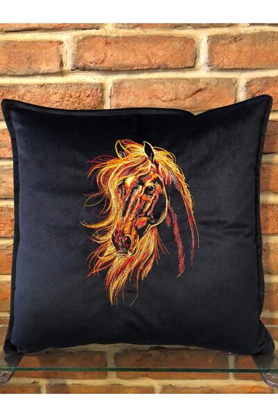 harmony factory Fire Horse Embroidered Black Velvet Throw Pillow Cover Power ...
