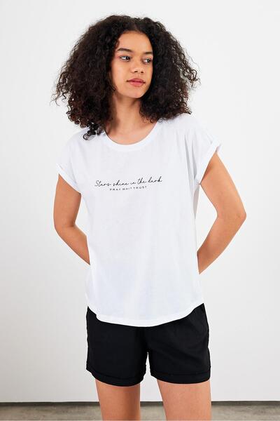 VENA Women's Shine Crew Neck Printed Regular Fit T-Shirt 100% Cotton - White