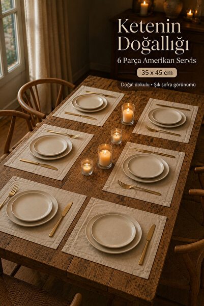 Morlay LINEN | 6 Adet Organik Ham Yıkanmış Keten Amerikan Servis 35 x 45 cm S...