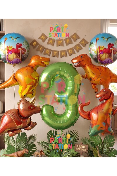 Parti Station Orman Tema Jurassic Park Dinozor Konsept Yeşil Rakam Balon 3 Ya...