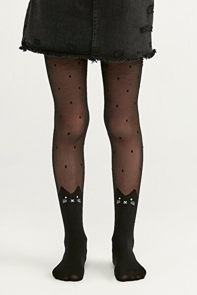 Penti Girl's Black Pretty Cute Cat Pantyhose