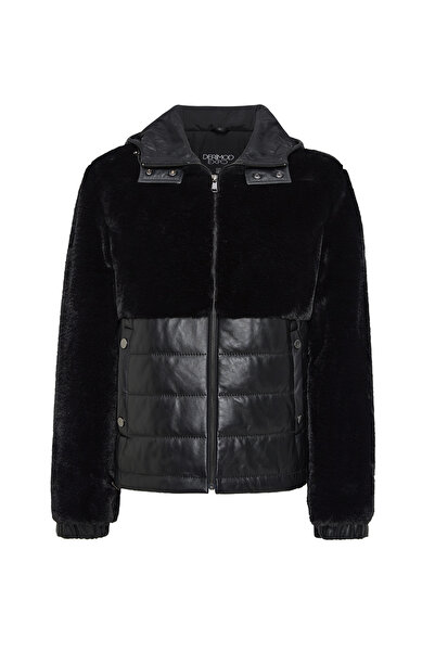 Derimod Palton negru Teddy cu glugă pentru femei Alabama 24WGP5288FF