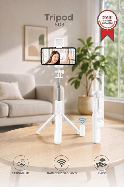 Torima Tripod Çok Amaçlı Kumandalı Kablosuz Selfie Çubuğu S03 Beyaz