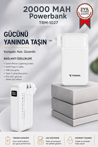Torima Taşınabilir 20000 Mah Type-C Lightning Hızlı Şarj Dijital Göstergeli 2...