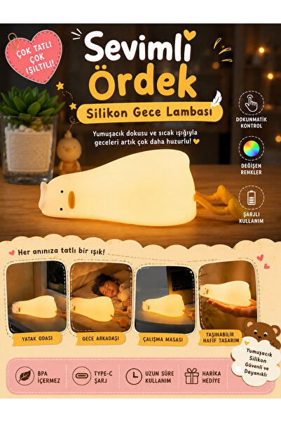 BENİMOLMALI Renkli Usb Şarj Edilebilir Ördek Gece Lambası, Silikon, Hediyelik...