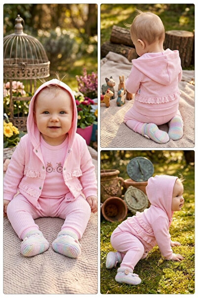 meyastore Hooded Lace Detailed Baby Girl 3-Piece Set