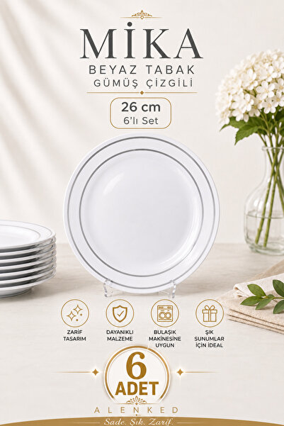 alenked Mika Beyaz Tabak Gümüş Çizgili 26cm 6 Adet