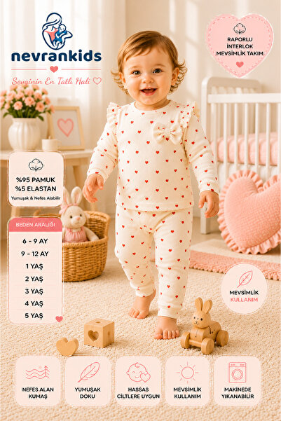 nevrankids Heart Pattern Fiyonk & Fırfır Detay Lüx KızBebekGiyim Takım - Kırmızı