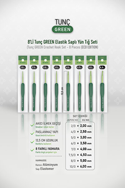 Tunç VERDE - Set de 8 - Croșete din lână cu mâner elastic - 8 croșete din lână
