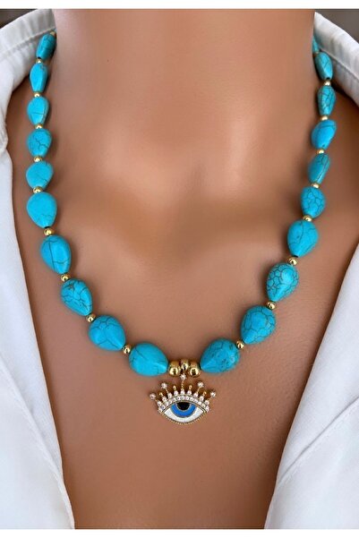Trend Jewellery Altın Kaplamalı Doğal Taş Damla Mavi Turkuaz Firuze Taşı Göz ...
