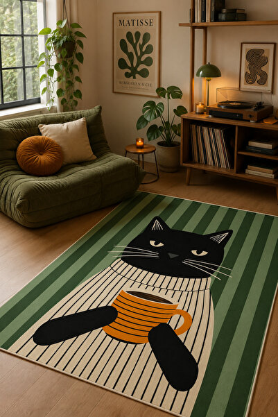 Pelura Halı Pinterest Kedi Desenli Baskılı Kaymaz Yıkanabilir Salon Oturma Od...
