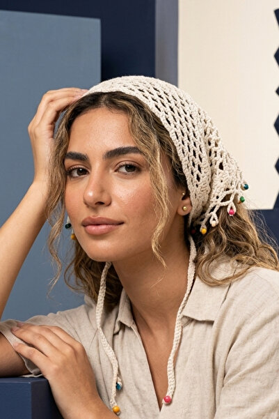 BB BİBUTİKSHOP %100 El Örgüsü Boncuklu Bohem Kadın Bandana Saç Aksesuarı