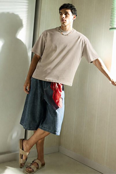 Madmext Steinfarbenes Basic-T-Shirt für Herren in Oversize-Passform 6066