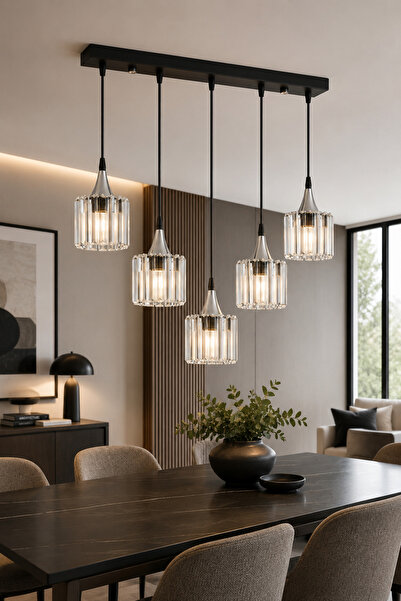 ESSLİGHT Ezgi 5’li Sıralı Kristal Taşlı Salon Mutfak Yatak Odası Avize