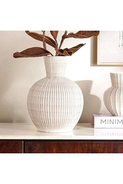 PAN HOME مزهرية سيراميك مضلعة للديكور 22×22×30 سم - أبيض