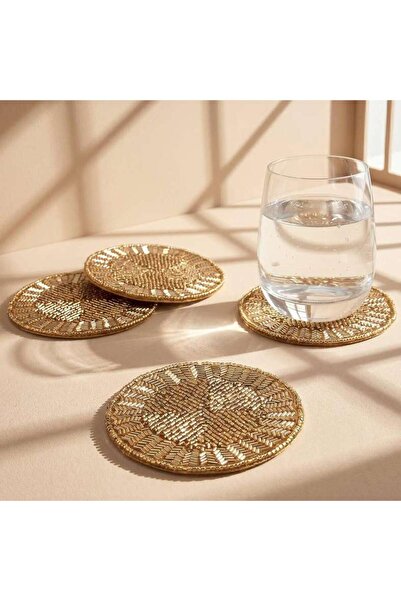 PAN HOME طقم قواعد أكواب مطرزة من إمبيريوم مكون من 4 قطع بقطر 10 سم - ذهبي