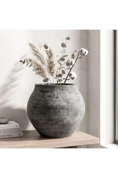 PAN HOME Rooney Cement Ribbed Textured Crea Vase 32x32x28cm - Grey
