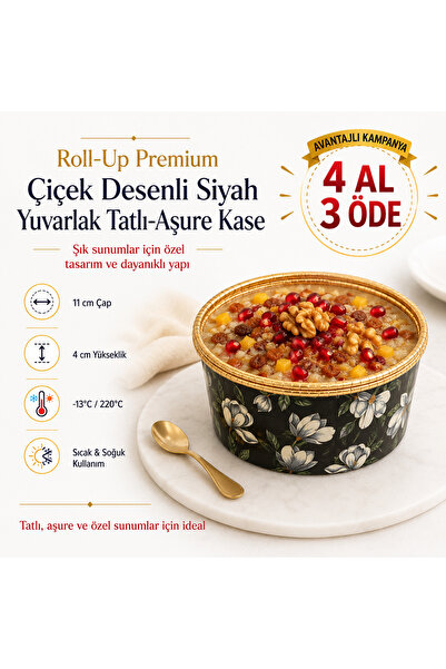 Roll-Up Premium Çiçek Desenli Siyah Aşure Kasesi 6'lı | Yuvarlak Muhallebi Sü...